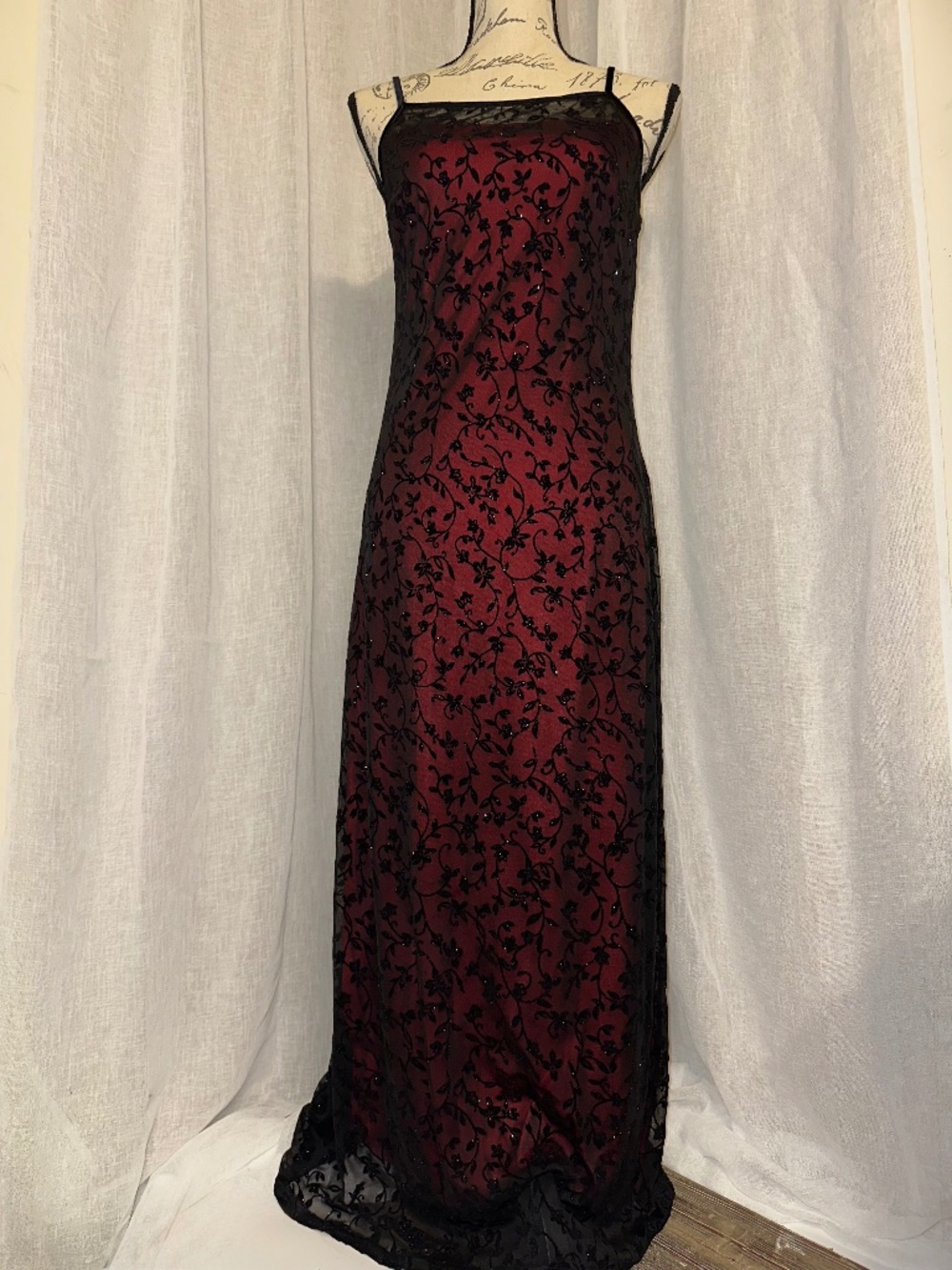 Vintage 90s y2k Girlfriends LA sheer red black floral velvet glitter maxi dress
